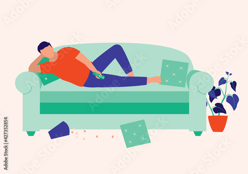 Lazy Man On Sofa. Mood And Lifestyles Concept. Vector Illustration Flat Cartoon. Young Man Lying Down On Couch Watching TV.