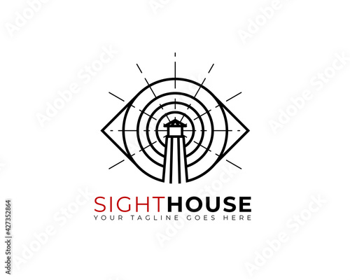 lighthouse inside big watching eye in simple lines style logo