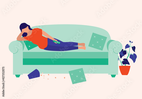 Lazy Woman On Sofa. Mood And Lifestyles Concept. Vector Illustration Flat Cartoon. Young Woman Lying Down On Couch Watching TV.