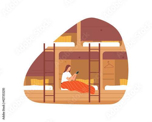 Bunk bed, dormitory people, interior accommodation, two-story stylish bedroom, design, in style cartoon vector illustration.