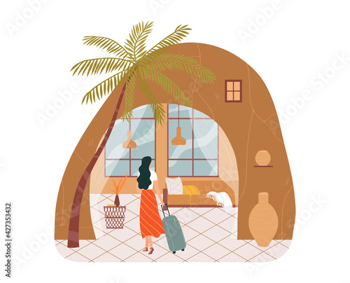 Reception hotel, woman comfortable services, travel vacation, young people, stylish room, design, flat style vector illustration.