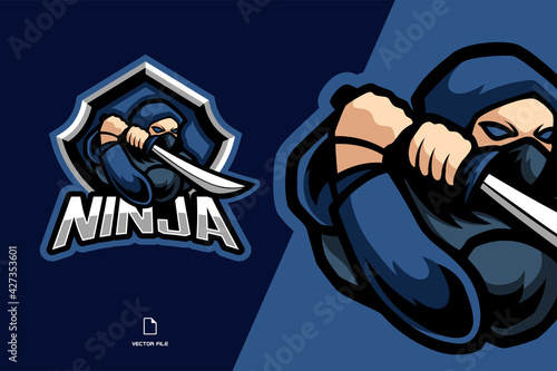 blue ninja with sword mascot esport logo illustration