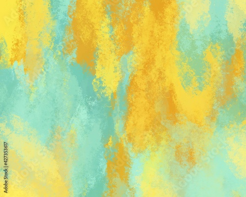 Abstract, modern illustration in trendy shades of yellow and turquoise. Strokes, brush splashes on the canvas. Interior painting, print, decor, background.