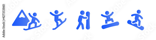 Collection of snowboarders icons isolated on white background. Extreme winter mountain activity vector illustration.