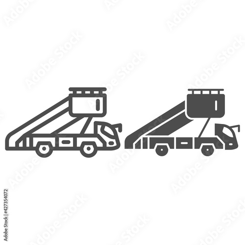 Gangway truck line and solid icon, airlines concept, gangway to plane vector sign on white background, gangway truck outline style for mobile concept and web design. Vector graphics.