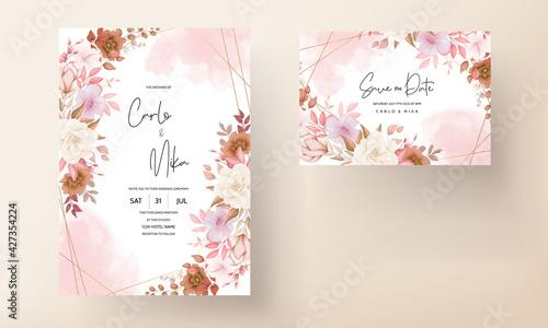 Boho wedding invitation card brown floral