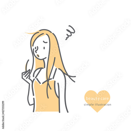 キャミソール姿の女性のシンプルでナチュラルな線画イラスト　髪の悩み
