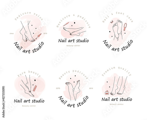 Vector logotype for nail art studio. Foot care concept. Modern design for manicure and pedicure salon beauty and spa center. Linear illustration isolated on pink watercolor background.