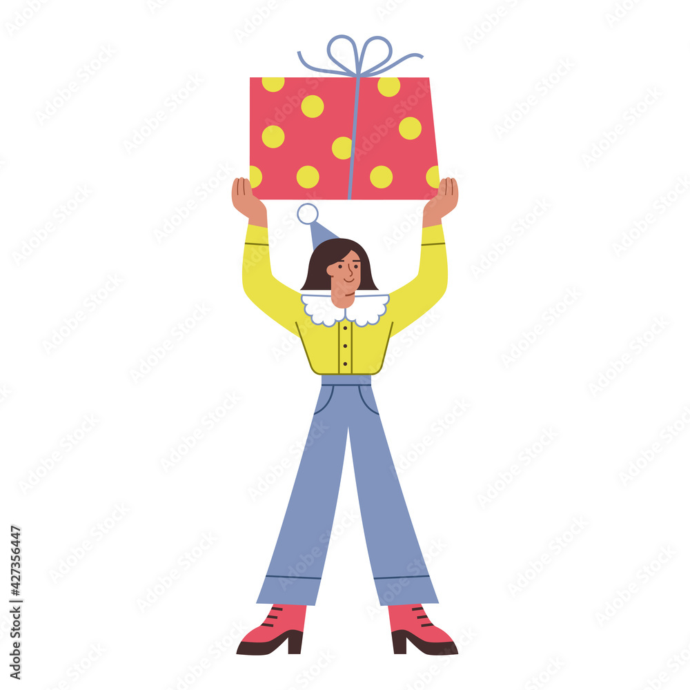 A standing girl holds a big gift box with a bow. Vector bright character on white background for postcards, posters and advertising. A standing girl holds a big gift box with a bow. Vector bright character on white background for postcards, posters and advertising.