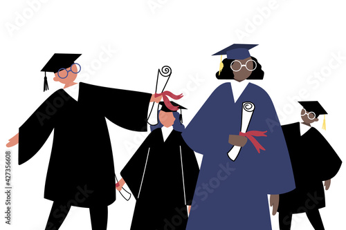 A group of young students in a robe and a hat with a tassel. Graduation 2021. Colorful vector illustration on a white isolated background. University graduates. Holiday design for poster, postcard.