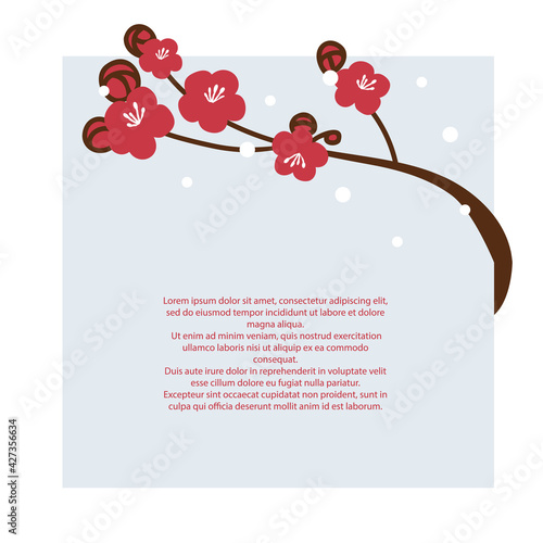 Japanese plum blossom branch with hand-drawn leaves on a white isolated background. Blooming element for the design of postcards, invitations, banners. Vector flower illustrations with space for text