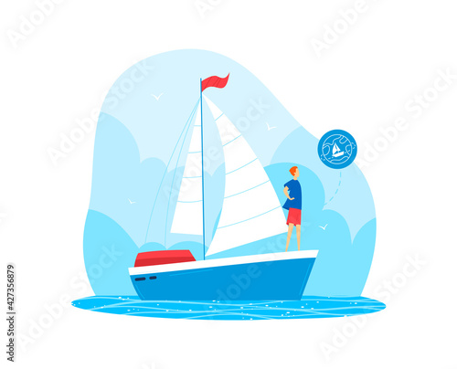 Ship world around, travel sailing, boat summer, water adventure, vacation around world, design, flat style vector illustration.