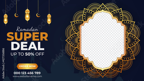 Ramadan kareem arabic islamic black and golden luxury ornament lantern background web banner template