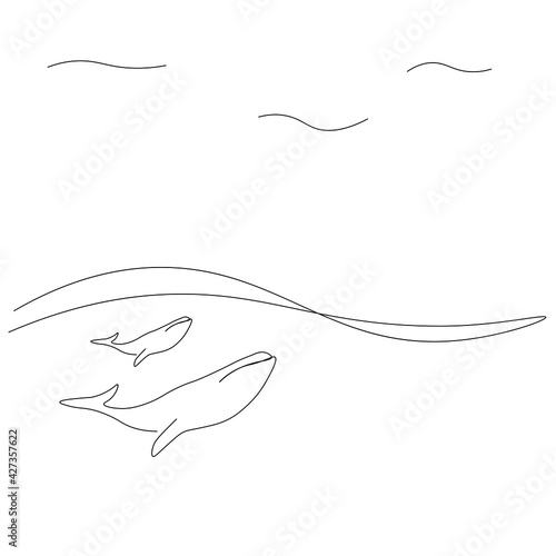 Whale on sea drawing, vector illustration