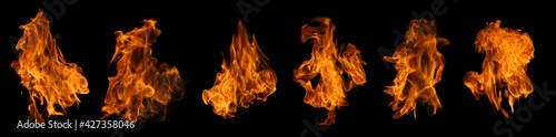 Fire collection set of flame burning isolated on dark background for graphic design purpose