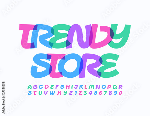 Vector creative logo Trendy Store. Artistic bright Font. Colorful Alphabet Letters and Numbers set