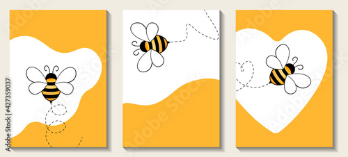 Web banner with drawn cartoon bee mascot. Incest concept design. Bees flying on a dotted route. Wasp collection. Modern collection of contemporary posters. Vector illustration for social media, print