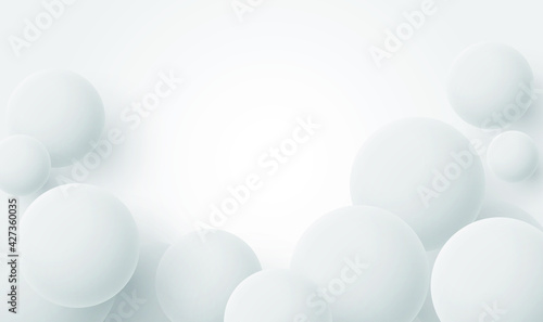 Realistic 3d background with organic spheres. Snowy white balls. Modern cover banner template balls or particles design. Glossy realistic ball. Trendy cover or banner design template. Vector illustrat