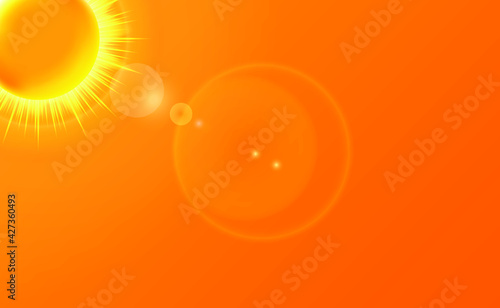 Sun with lens flare abstract vector summer yellow rays background. Summer background with a magnificent summer sun burst with lens flare. Abstract sunny sky. Space for your text. Vector EPS10