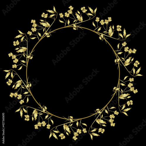 Round floral frame. Wreath of spindle tree branches (Euonymus europaeus) with leaves and berries. Golden glossy silhouette on black background.
