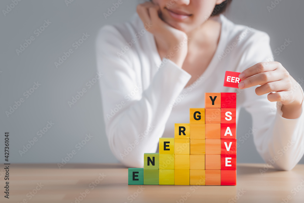 Energy efficiency ratio and green energy concept, Woman holding wooden block with text EER and