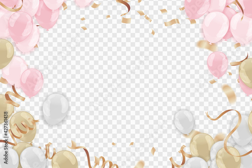 Set of pink balloons Background  with confetti helium  in the air.for birthday, anniversary, celebration,