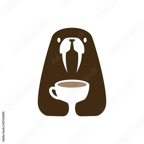 walrus coffee cup drink negative space logo vector icon illustration