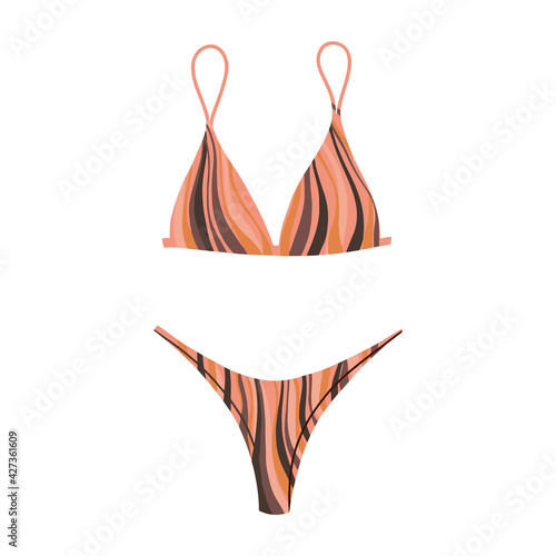 Women's two-piece swimsuit with a striped print. Modern fashion stylish bikini swimsuit. Vector Flat Cartoon Illustration. Bathing clothes