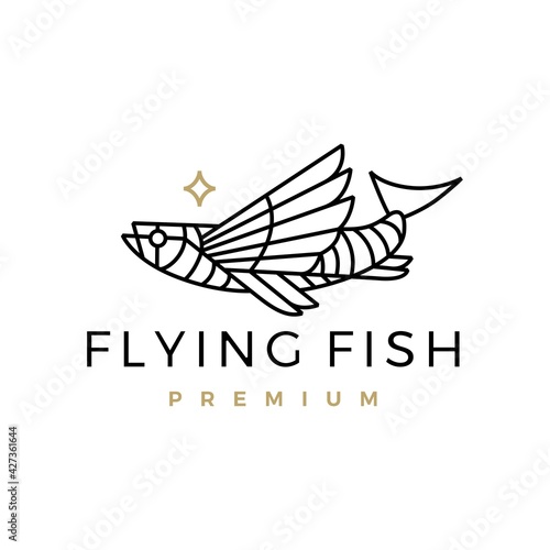 flying fish monoline outline logo vector icon illustration