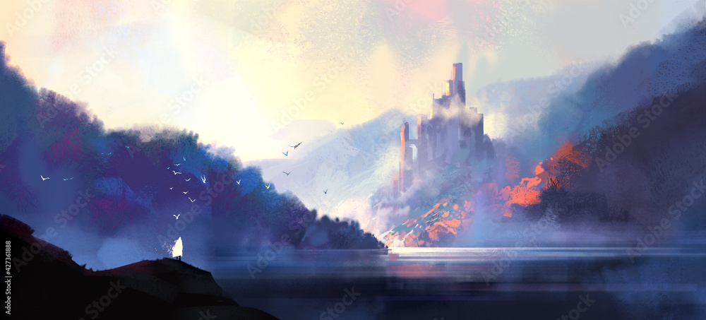 Naklejka premium Fantasy style medieval castle, digital illustration.