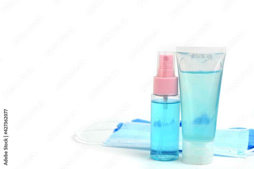 Mask, gloves, sanitizer isolated on white background. Mask, gloves, sanitizer isolated on white background.