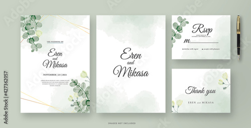 Wedding invitation card with eucalyptus leaf watercolor