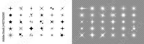 Star. Set of stars effect design, simple flat, and light sparkle twinkle symbol. Magic particle effect. Shine icon elements for festive on white and transparent background. Vector illustration