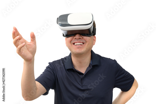 Man wearing virtual reality goggles. Studio shot  white background.