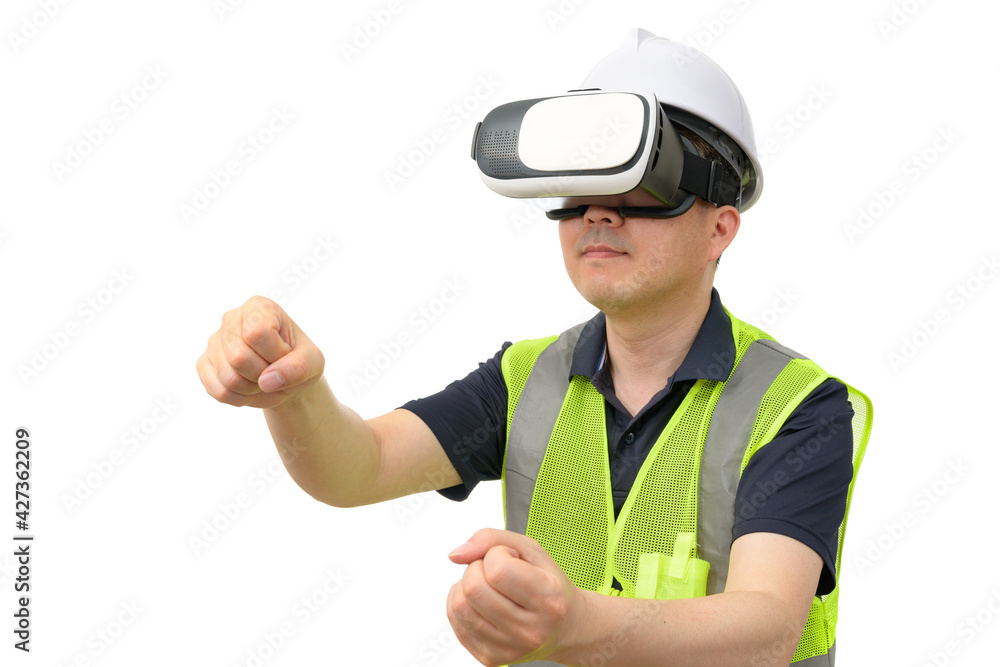 Man wearing virtual reality goggles. Studio shot, white background. Man wearing virtual reality goggles. Studio shot, white background.