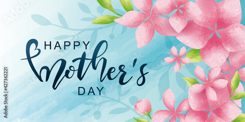 Happy Mother's Day poster and banner template with flowers on light blue background. Vector illustration for women's day, shop, invitation, discount, sale, flyer, decoration.