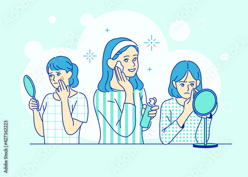 Girls wearing makeup. hand drawn style vector design illustrations. 
