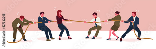 Many businessmen are in tug of war. hand drawn style vector design illustrations. 