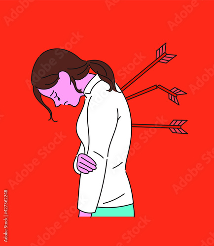 An arrow of blame is stuck in the woman's back. hand drawn style vector design illustrations. 
