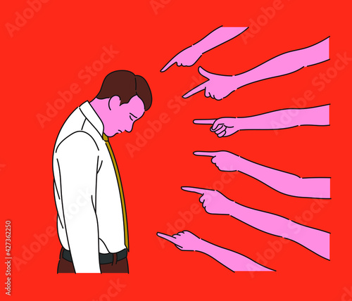 Many fingers are blaming a businessman. hand drawn style vector design illustrations. 