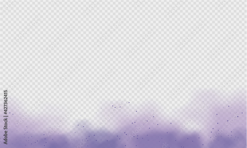 Purple dust or fog. Abstract purple powder explosion with particles. Violet smoke or dust isolated on light transparent background. Abstract mystical gas. Vector illustration. Purple dust or fog. Abstract purple powder explosion with particles. Violet smoke or dust isolated on light transparent background. Abstract mystical gas. Vector illustration.