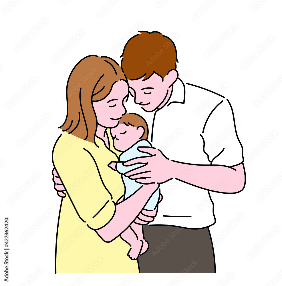 Dad and mom are happily holding their newborn baby. hand drawn style vector design illustrations. Dad and mom are happily holding their newborn baby. hand drawn style vector design illustrations.