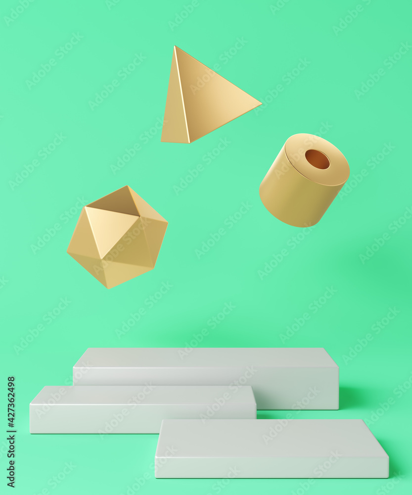White base arranged in three pieces and three floating gold geometric objects on turquoise background, minimalist background for branding and presentation. 3d rendering White base arranged in three pieces and three floating gold geometric objects on turquoise background, minimalist background for branding and presentation. 3d rendering