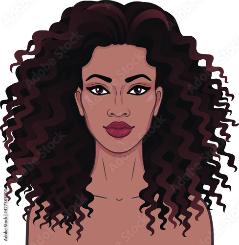 African beauty. Animation portrait of the young beautiful black woman with curly hair. Color drawing. Template for use. Vector illustration isolated on a white background.