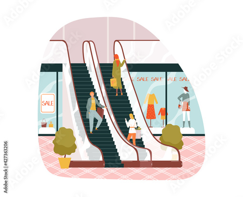 Escalator staircase, elevator staircase shopping mall, fast walking speed, public movement, design, flat style vector illustration