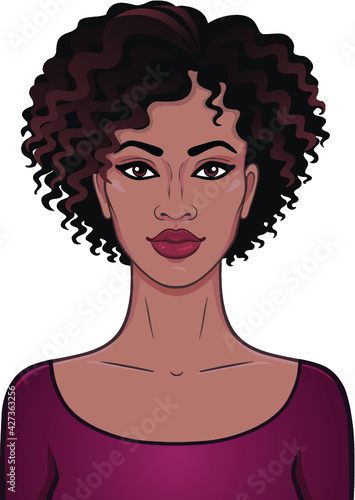 African beauty. Animation portrait of the young beautiful black woman with curly hair. Color drawing. Template for use. Vector illustration isolated on a white background.