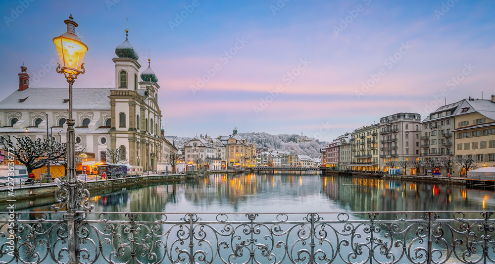 Historic city center of downtown Lucerne with  Chapel Bridge and lake Lucerne in Switzerland