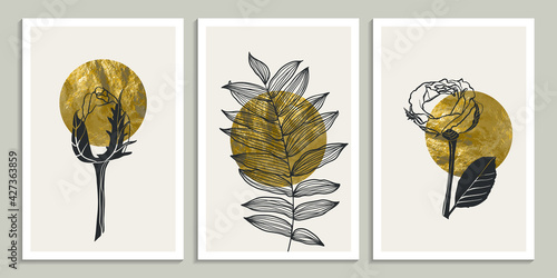 Gold botanical wall art. Set of Boho decor in earth tone with roses and branch. Mid century modern art for cover, print, wallpaper and other. Minimalistic line vector illustration with abstract shapes