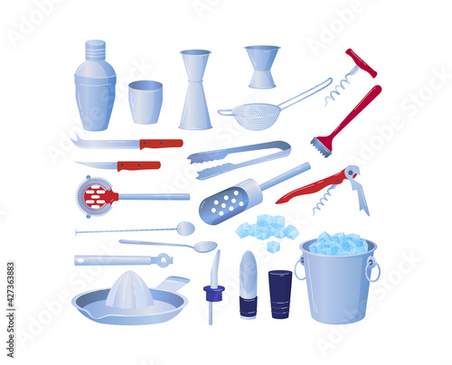 Bartender accessories, cocktail fixtures, alcohol equipment, isolated on white, bar set, design, flat style vector illustration.