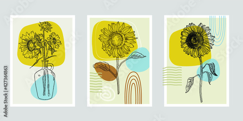Flower wall art plant of sunflowers set. Foliage of nature line art drawing with abstract shape. Modern Abstract Plant Art design for print, cover, wallpaper, illustration with decor wall art. 
